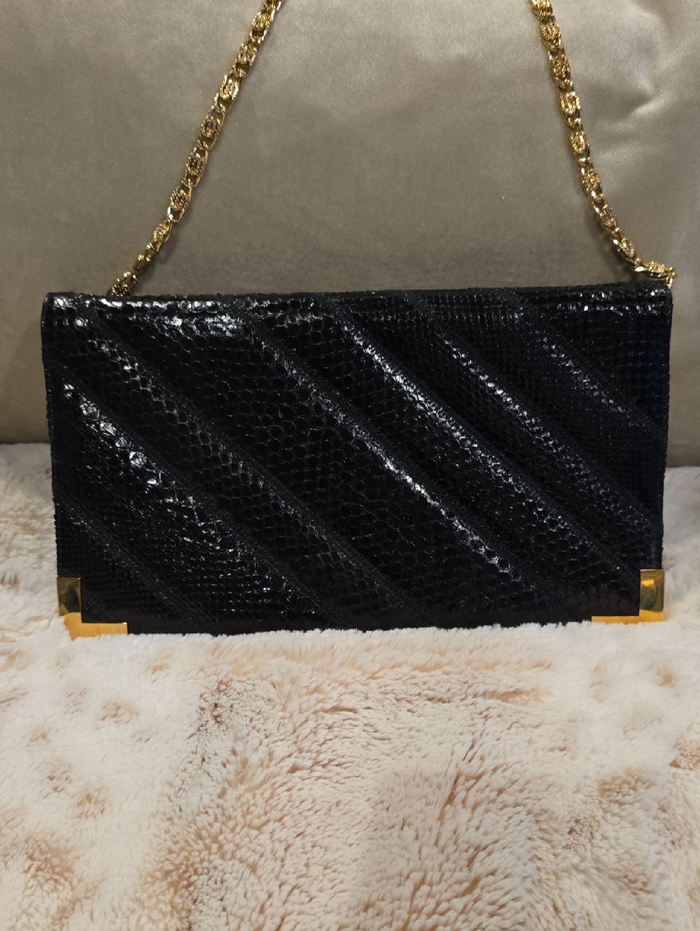 Glossy Black Snake-Texture Wristlet with Gold Chain Strap